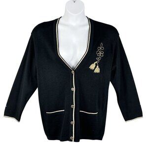 Talbots Womens XL Black Wool Cardigan Gold Embroidery Italy Made Button Up Artsy